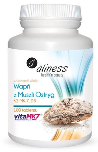 Wapń z muszli ostryg z K2 MK7 i D3 100 tabletek - Aliness