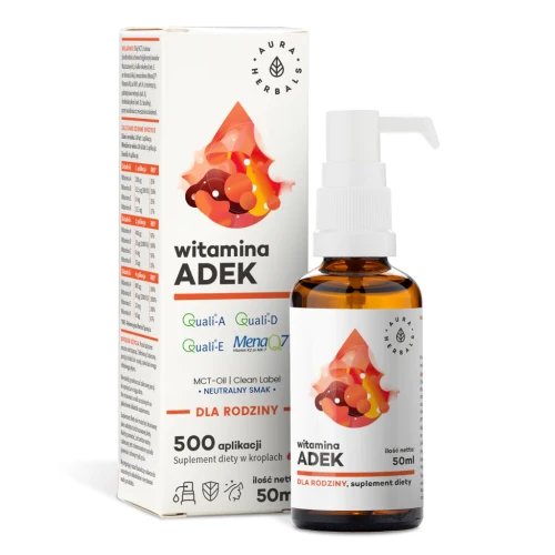 Witaminy ADEK (A + D3 + E + K2mk7 ) dla rodziny MCT oil - 50 ml - Aura