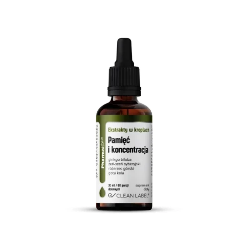 Pamięć i koncentracja - ekstrakty w kroplach - (ginkgo biloba, żeń-szeń syberyjski, różeniec górski, gotu kola) 30 ml - PharmoVit