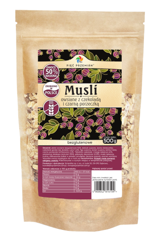 Musli owsiane z czekoladą i czarną porzeczką bezglutenowe 500 g - Pięć Przemian