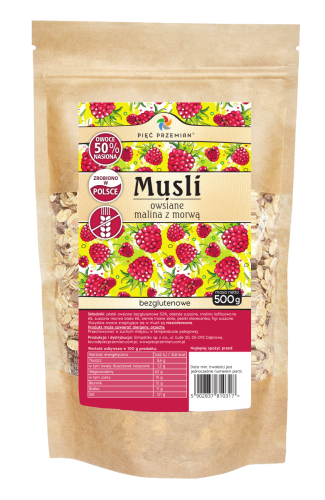Musli owsiane z maliną i morwą bezglutenowe 500 g - Pięć Przemian
