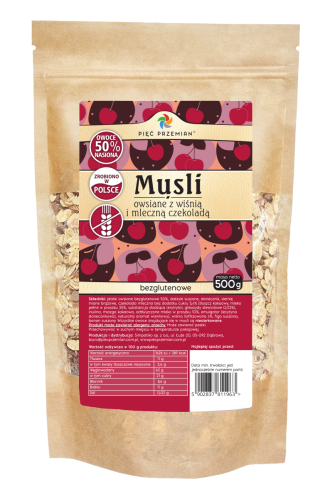 Musli owsiane z wiśnią i mleczną czekoladą bezglutenowe 500 g - Pięć Przemian