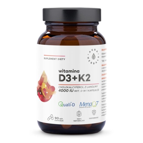 Witamina D3 4000 IU + K2 100 mcg 90 kapsułek - Aura Herbals
