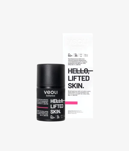 Szerokopasmowy lekki krem ochronny przeciw fotostarzeniu z neuropeptydami 0,2% i kwasem ferulowym 0,2% SPF 50+, UVA, UVB, PA++++, HEV/IR Hello, Lifted Skin 50 ml - Veoli Botanica