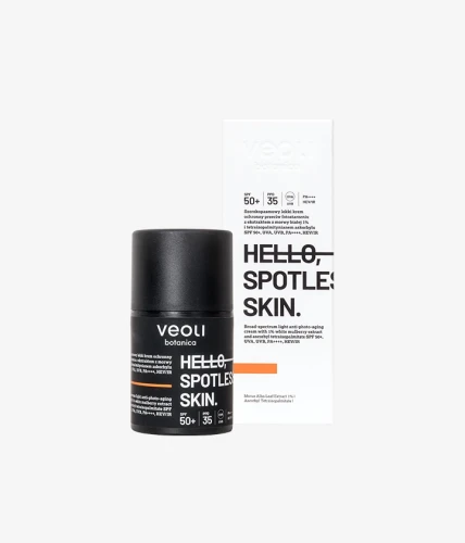 Szerokopasmowy lekki krem ochronny przeciw fotostarzeniu z ekstraktem z morwy białej 1% i tetraizopalmitynianem askorbylu SPF 50+, UVA, UVB, PA++++, HEV/IR Hello, Spotless Skin 50 ml - Veoli Botanica