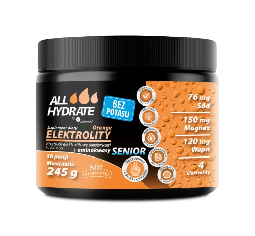 ALLHydrate Elektrolity Senior bez potasu ORANGE - proszek 245 g 50 porcji - Aliness