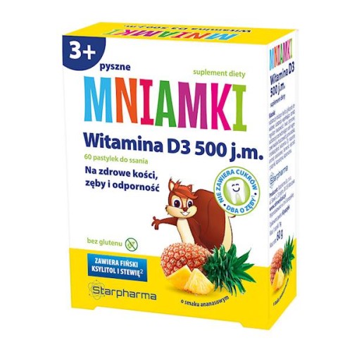 Mniamki Witamina D3 500 j.m. 60 pastylek do ssania o smaku ananasowym - Starpharma