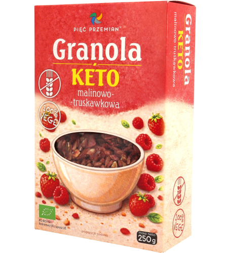 Granola KETO malinowo-truskawkowa bezglutenowa BIO 250 g - Pięć Przemian