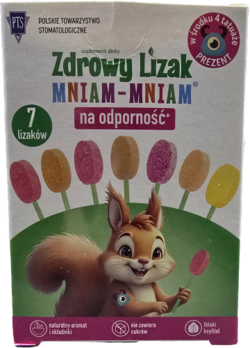 Zdrowy lizak Mniam-Mniam bez cukru różne smaki 7 sztuk + 4 tatuaże zmywalne 42 g - Starpharma