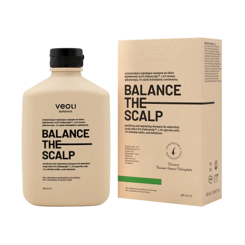 Oczyszczająco-regulujący szampon do skóry łojotokowej z 0,5% Defenscalp™, 1,4% kwasu glikolowego, 1% siarki koloidalnej i melatoniną Balance the Scalp 300 ml - Veoli Botanica