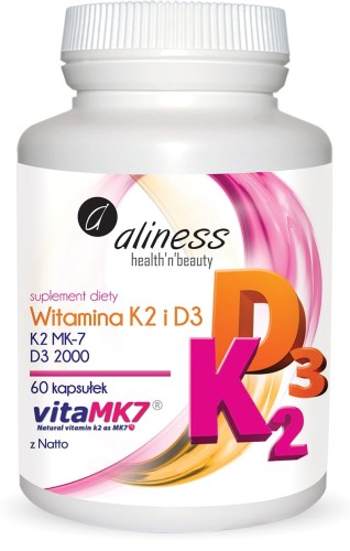 Witamina K2 MK-7 100 µg z Natto + D3 2000 IU 60 kapsułek - Aliness