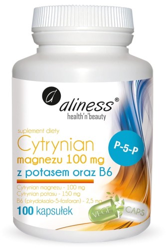 Cytrynian magnezu 100 mg z potasem 150 mg + witamina B6 (P-5-P) 100 kapsułek vege - Aliness