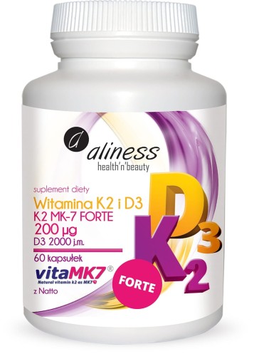 Naturalna witamina K2 mk7 Forte 200 µg z natto + D3 2000 IU 60 kapsułek - Aliness